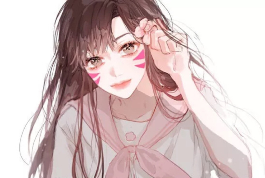 1girl adjusting_hair arm_up bad_id bad_twitter_id boychaaa brown_eyes brown_hair d.va_(overwatch) facepaint flower hair_flower hair_ornament holding holding_flower locked_twitter long_hair looking_at_viewer marking_on_cheek markings overwatch pink_flower pink_lips portrait school_uniform smile solo white_background