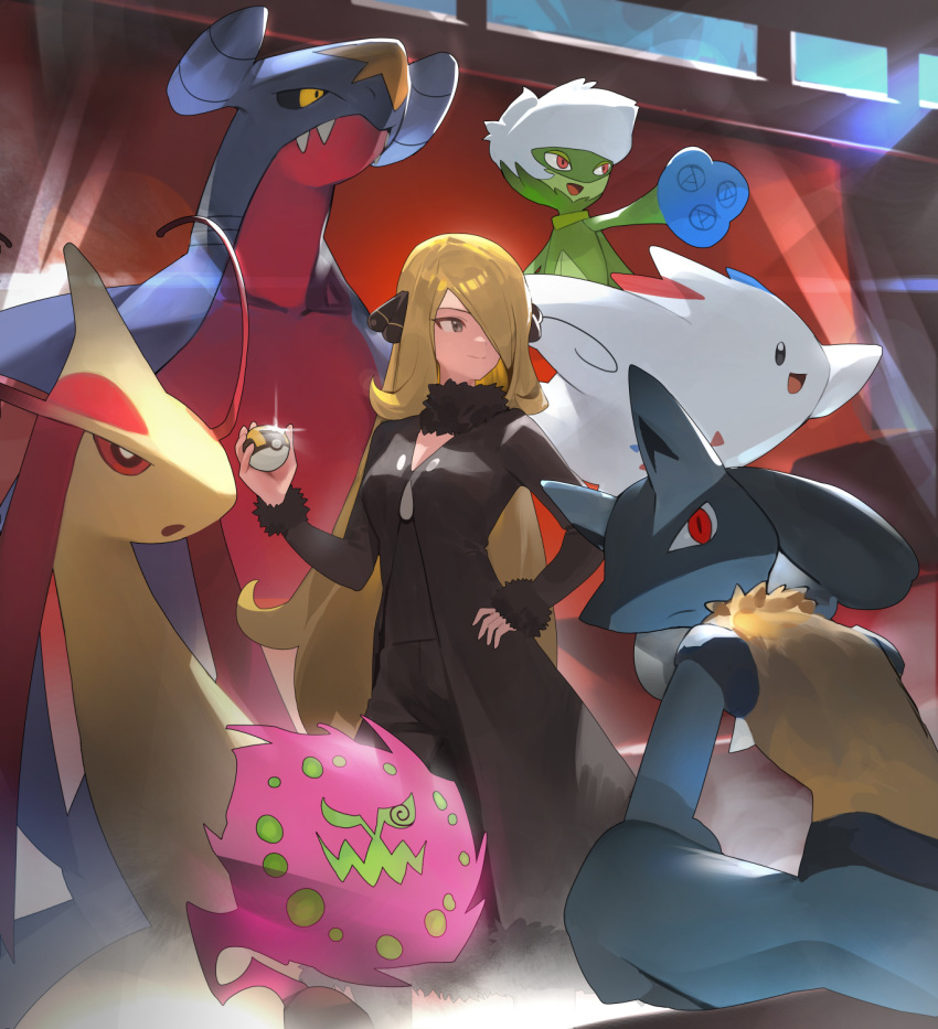 1girl 5others black_coat black_pants black_shirt blonde_hair breasts closed_mouth coat commentary cynthia_(pokemon) fur-trimmed_coat fur_collar fur_trim garchomp glint grey_eyes hair_ornament hand_on_hip highres holding holding_poke_ball hood_(james_x) long_hair lucario milotic multiple_others pants poke_ball pokemon pokemon_(creature) pokemon_(game) pokemon_dppt roserade shirt spiritomb togekiss ultra_ball very_long_hair