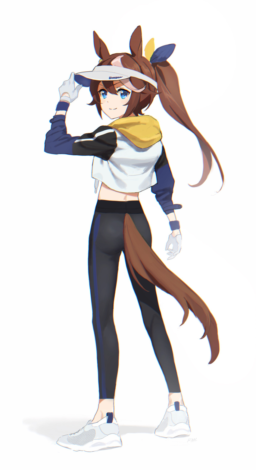 1girl absurdres animal_ears artist_request bangs blue_eyes brown_hair chromatic_aberration closed_mouth clothing_request commentary_request from_behind full_body gloves hair_between_eyes highres horse_ears horse_tail long_hair long_sleeves looking_at_viewer looking_back multicolored_hair ponytail simple_background smile solo standing streaked_hair tail tokai_teio_(umamusume) two-tone_hair two-tone_jacket umamusume white_background white_footwear white_gloves white_hair