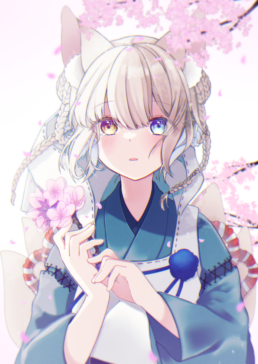 1girl animal_ear_fluff animal_ears bangs blonde_hair blue_eyes braid braided_bun branch cherry_blossoms double_bun facing_viewer flower fox_ears fox_tail hair_bun hair_rings heterochromia highres holding holding_branch holding_flower japanese_clothes kimono kitsune kitsunemame orange_eyes original parted_lips rope shimenawa solo tail tearing_up tree twin_braids wind