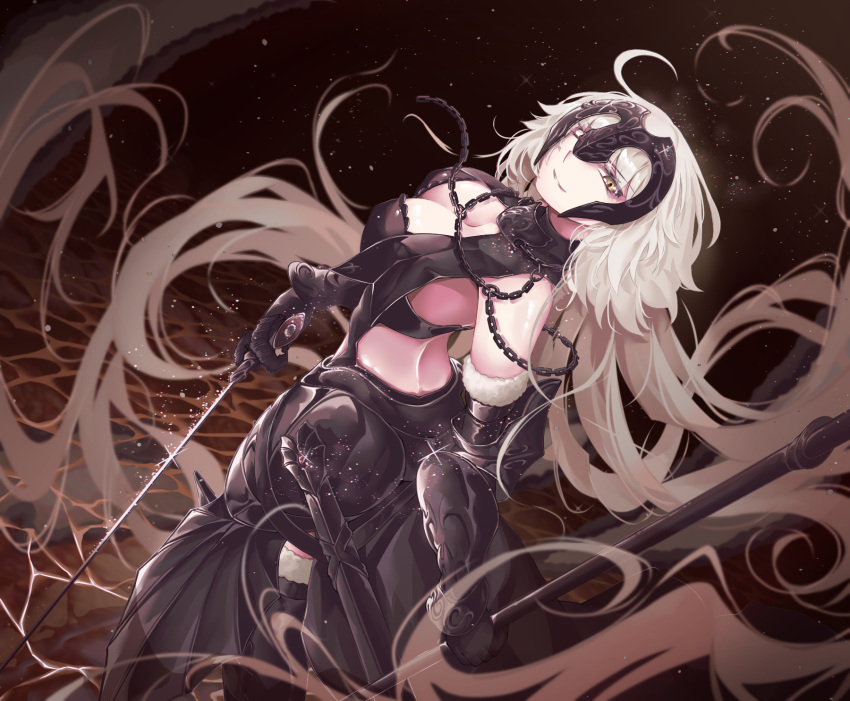 1girl blush closed_eyes collarbone cotrapposto eyelashes fang fate/grand_order fate_(series) food halterneck headpiece heart highres hrnponytail jeanne_d'arc_(alter)_(fate) jeanne_d'arc_(fate)_(all) lookinga_t_viewer lush pancake red_background ru_251 silver_hair smile tail tail_wagging yelow_eye