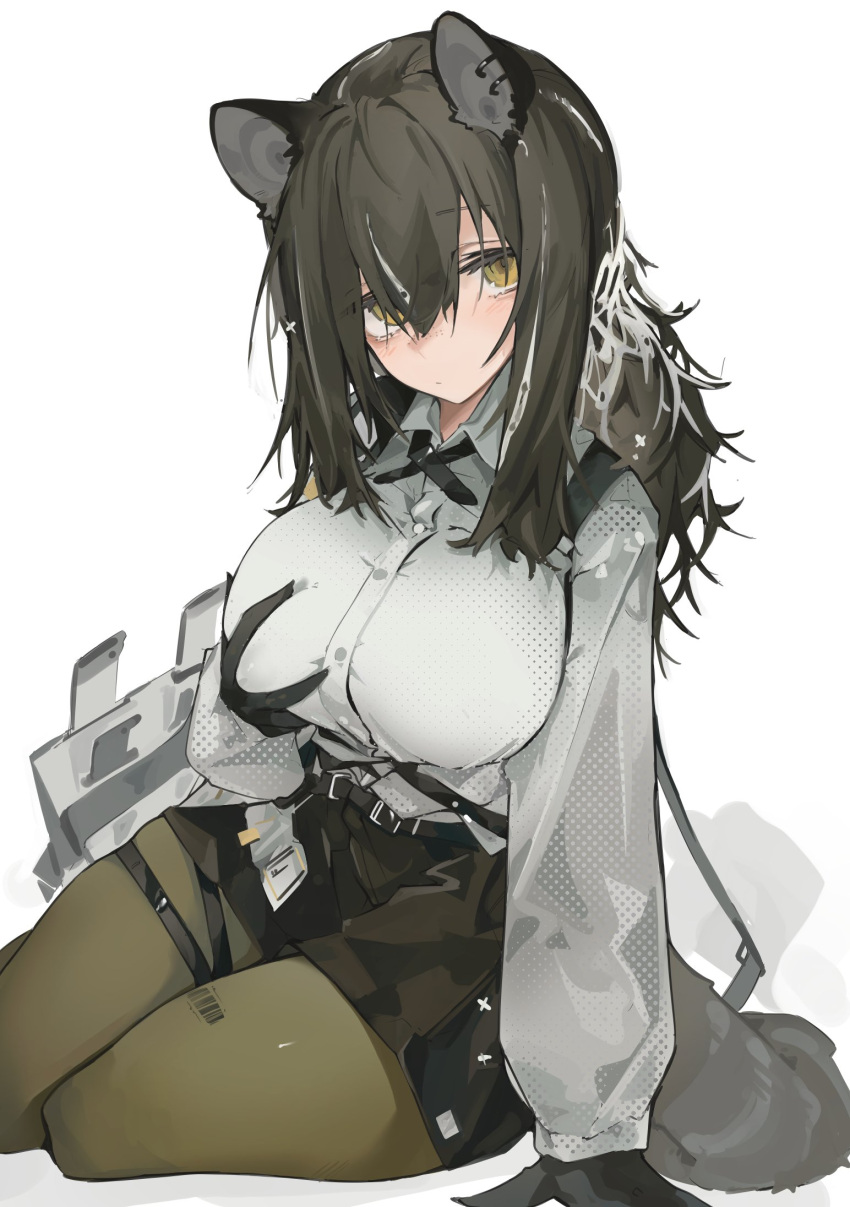 1girl animal_ears animal_hands arknights barcode_tattoo black_shorts breasts brown_hair grabbing_own_breast green_legwear hair_between_eyes highres large_breasts legwear_under_shorts long_hair looking_at_viewer mikojin pantyhose raccoon_ears raccoon_girl raccoon_tail robin_(arknights) shirt shorts sitting solo tail tattoo thighs white_background white_shirt yellow_eyes