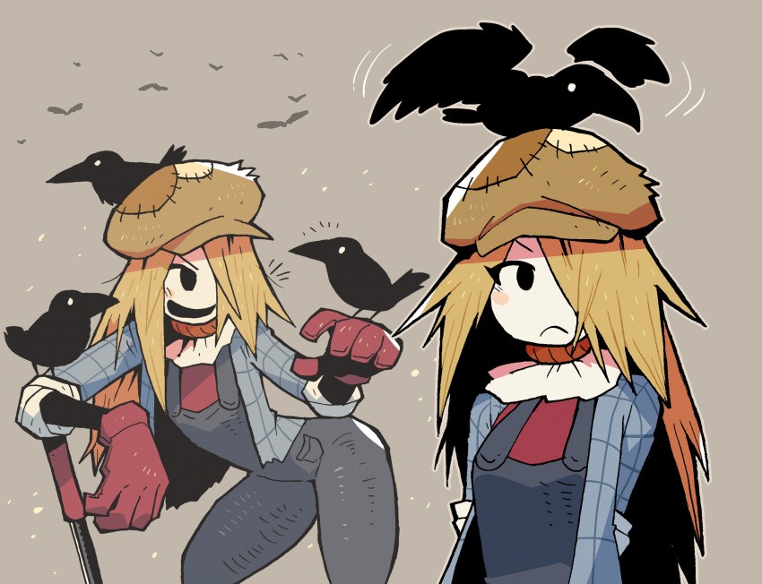 1girl animal bird black_eyes blonde_hair blue_shirt colored_skin crow denim expressionless frown gloves hair_over_one_eye highres jacket leaning_forward leaning_on_object linda_(rariatto) monster_girl open_clothes open_jacket original overalls rariatto_(ganguri) red_gloves red_shirt sack scarecrow shirt smile straw_(stalk) striped striped_shirt white_skin