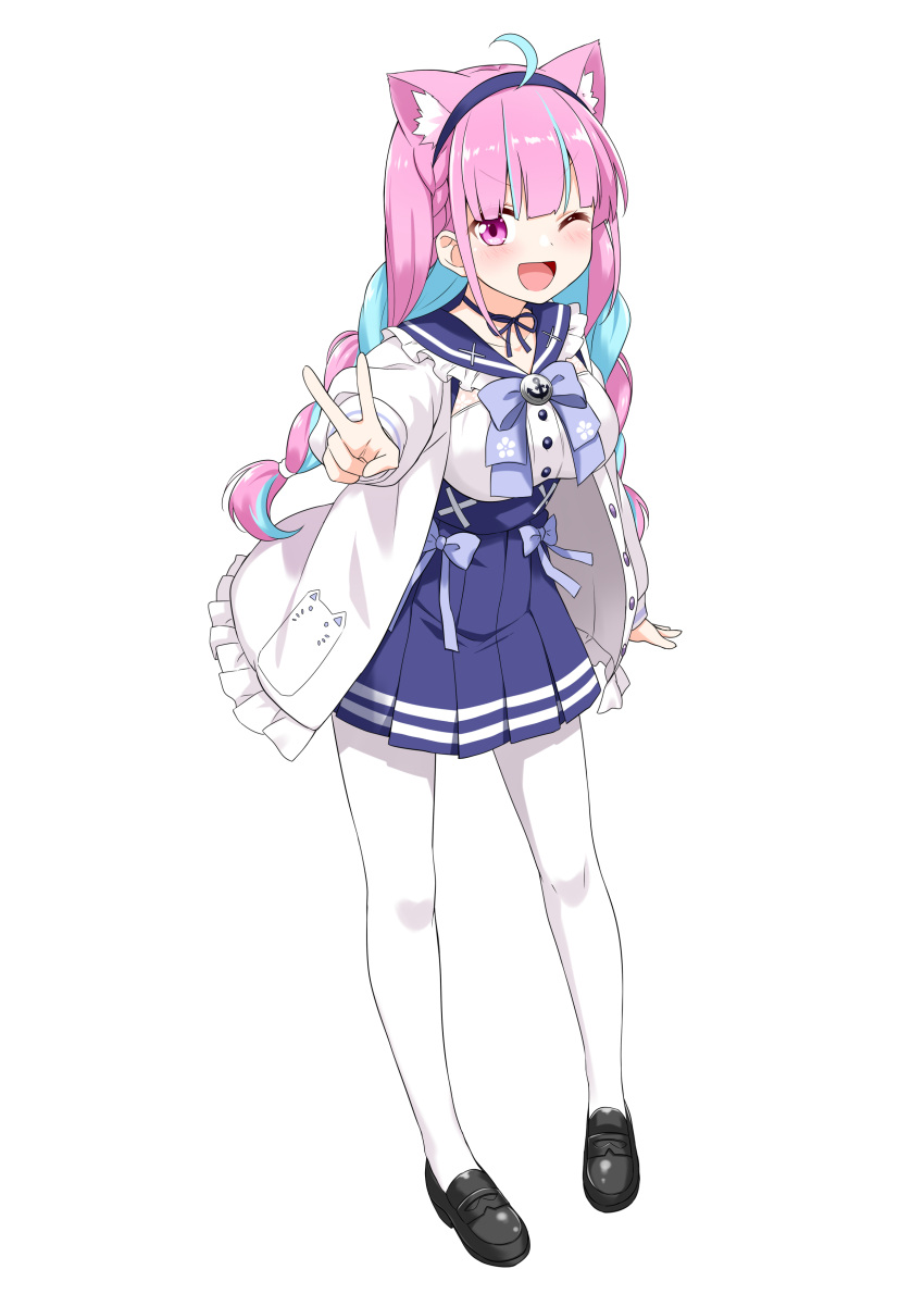 1girl ;d absurdres ahoge anchor_hair_ornament animal_ear_fluff animal_ears bangs black_footwear blue_choker blue_hairband blue_neckwear blue_skirt blunt_bangs bow bowtie braid cat_ears choker felutiahime frilled_shirt_collar frills full_body hair_ornament hairband high-waist_skirt highres hololive jacket loafers long_hair long_sleeves looking_at_viewer minato_aqua multicolored_hair one_eye_closed open_mouth pantyhose pleated_skirt purple_hair ribbon_choker sailor_collar shirt shoes sidelocks simple_background skirt sleeves_past_wrists smile solo streaked_hair suspender_skirt suspenders twin_braids twintails two-tone_hair underbust v violet_eyes virtual_youtuber white_background white_jacket white_legwear white_shirt