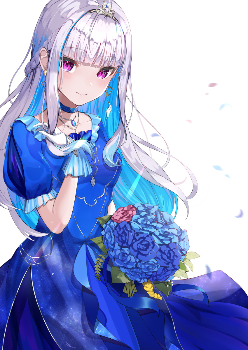 1girl absurdres appo_(36786257) bangs blue_choker blue_dress blue_flower blue_hair bouquet breasts choker collarbone colored_inner_hair dress earrings eyebrows_visible_through_hair flower gloves hair_behind_ear hand_on_own_chest head_tilt highres holding holding_bouquet huge_filesize jewelry lize_helesta looking_at_viewer multicolored_hair necklace nijisanji silver_hair small_breasts smile solo violet_eyes virtual_youtuber white_background white_gloves