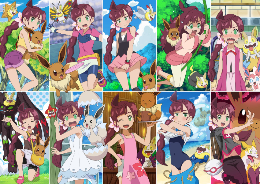&gt;_&lt; 1girl ;d @_@ absurdres alternate_color alternate_costume apron bangs bar bare_arms beautifly bike_shorts blue_pants blurry blush boltund bonnie_(pokemon) bonnie_(pokemon)_(cosplay) braid braided_ponytail brown_shirt bubble chloe_(pokemon) closed_eyes closed_mouth clothes_lift clouds coconut collared_dress collared_shirt commentary_request cosplay covered_navel hikari_(pokemon) hikari_(pokemon)_(cosplay) day dedenne dress drinking eevee egg emolga eyelashes floral_print flower gen_1_pokemon gen_3_pokemon gen_4_pokemon gen_5_pokemon gen_6_pokemon gen_7_pokemon gen_8_pokemon gigantamax gigantamax_eevee goh_(pokemon) goh_(pokemon)_(cosplay) green_eyes green_shorts grey_overalls grey_shirt hair_flower hair_ornament hand_on_hip hatching highres holding holding_pokemon holding_tray iris_(pokemon) iris_(pokemon)_(cosplay) kneehighs kneeling lana_(pokemon) lana_(pokemon)_(cosplay) leg_up legendary_pokemon lifted_by_self lillie_(pokemon) lillie_(pokemon)_(cosplay) long_hair mallow_(pokemon) mallow_(pokemon)_(cosplay) may_(pokemon) may_(pokemon)_(cosplay) misty_(pokemon) misty_(pokemon)_(cosplay) multiple_views one-piece_swimsuit one_eye_closed open_mouth oranguru outdoors outstretched_arm pants pink_apron pink_flower pink_footwear pink_scarf plant poke_ball pokemoa pokemon pokemon_(anime) pokemon_(classic_anime) pokemon_(creature) pokemon_bw_(anime) pokemon_dppt_(anime) pokemon_rse_(anime) pokemon_sm_(anime) pokemon_swsh_(anime) pokemon_xy_(anime) premier_ball rotom rotom_dex scared scarf serena_(pokemon) serena_(pokemon)_(cosplay) shiny_pokemon shirt shirt_lift shoes short_sleeves shorts skirt sky sleeveless sleeveless_dress sleeveless_shirt smile staryu suspenders swimsuit swinging sylveon togekiss tongue tray tree upper_teeth vines white_dress white_shirt white_skirt yamper yellow_shirt zygarde zygarde_(complete)