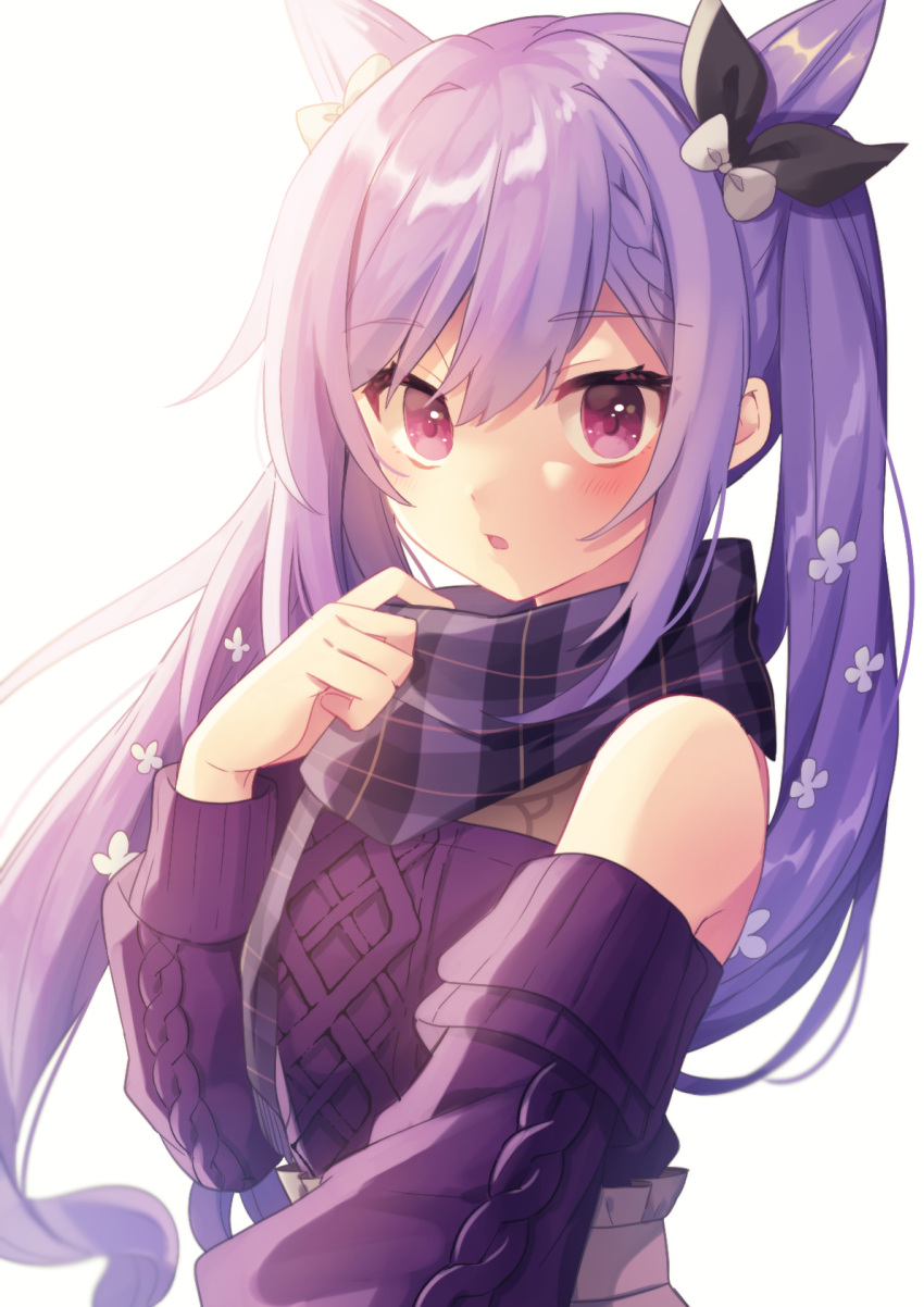 1girl adjusting_scarf bangs braid detached_sleeves double_bun eyebrows_visible_through_hair genshin_impact hair_ornament highres keqing_(genshin_impact) looking_at_viewer parted_lips plaid plaid_scarf purple_hair scarf shirase_(shirose) sidelocks simple_background single_braid solo sweater twintails violet_eyes white_background