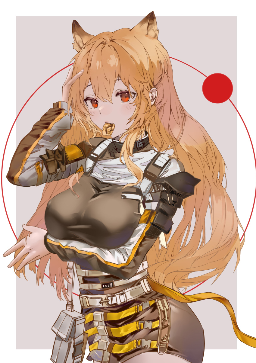 1girl absurdres animal_ears arknights arm_under_breasts black_dress breast_rest breasts brown_hair ceobe_(arknights) chinese_commentary cookie cowboy_shot dog_ears dress extra_ears food hand_on_own_head highres large_breasts long_hair looking_at_viewer mouth_hold pouch red_eyes solo tangyuansweetdumping very_long_hair