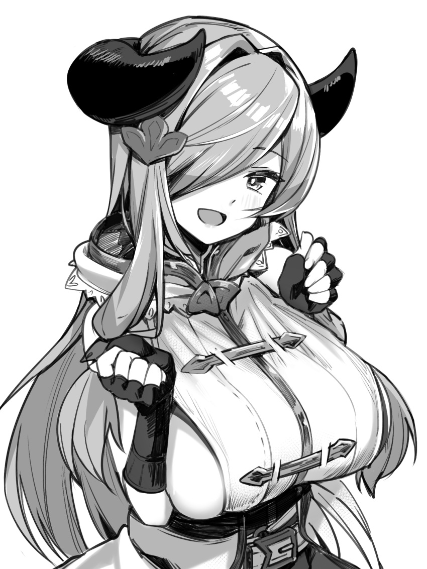 1girl :d belt blush breasts brll fingerless_gloves gloves granblue_fantasy greyscale hair_over_one_eye hands_up highres horns huge_breasts long_hair looking_at_viewer monochrome narmaya_(granblue_fantasy) one_eye_covered open_mouth simple_background skindentation smile solo upper_body white_background