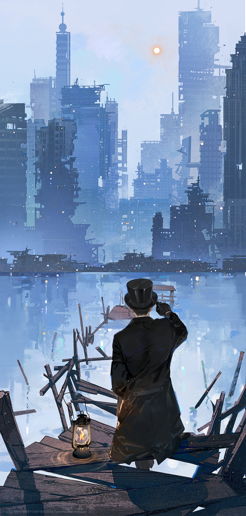 1boy absurdres black_coat black_headwear building chinese_commentary city clear_sky coat commentary_request dock fire hand_up hat highres klein_moretti lamp looking_afar lord_of_the_mysteries oil_lamp ruins skyscraper solo suixinhaoba sun top_hat water watermark