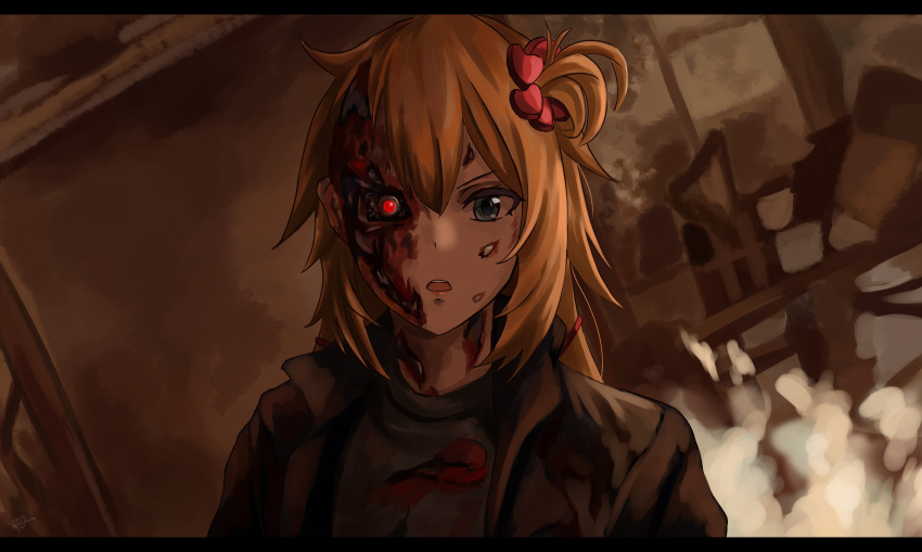 1girl absurdres akai_haato bangs blonde_hair blue_eyes cosplay dark fire hair_ornament hair_ribbon heart heart_hair_ornament highres hololive injury jacket leather leather_jacket letterboxed looking_at_viewer mechanical_ears mechanical_parts open_mouth parody red_eyes ribbon solo t-800 t-800_(cosplay) terminator_(series) virtual_youtuber yato_(yama0x1)