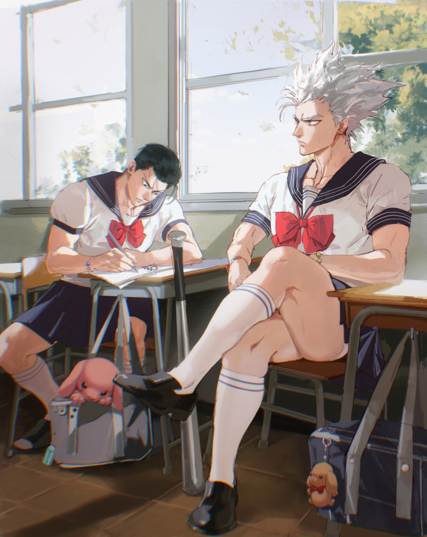 2boys absurdres bag baseball_bat black_footwear black_hair black_skirt bracelet brown_hair chair classroom closed_mouth collared_shirt crossdressinging crossed_legs desk frilled_panties frills full_body garou_(one-punch_man) highres holding holding_pencil in_bag in_container indoors jewelry kinzoku_bat leg_hold looking_at_another looking_down looking_to_the_side male_focus multiple_boys neckerchief on_chair one-punch_man panties pantyshot pencil pendant pleated_skirt pompadour rabbit red_neckwear red_ribbon ribbon sailor_collar sandals school_bag school_chair school_desk school_uniform serafuku shirt shoes short_hair sitting sitting_sideways skirt socks spread_legs stuffed_animal stuffed_bunny stuffed_toy thisuserisalive underwear white_hair white_legwear window writing