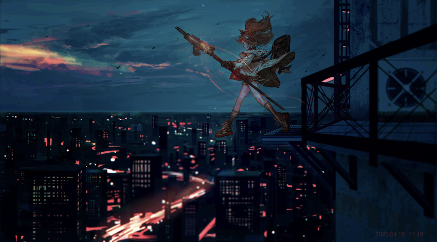 1girl absurdres air_conditioner angelina_(arknights) animal_ears arknights bag black_gloves black_legwear brown_hair building cityscape closed_mouth clouds cloudy_sky commentary dated fox_ears from_side gaanc_23_(tomosuge) gloves hairband highres horizon jacket long_hair midair open_clothes open_jacket profile railing red_hairband scenery shoes shorts shoulder_bag sky skyscraper socks solo staff striped striped_hairband sunset twintails white_jacket wide_shot
