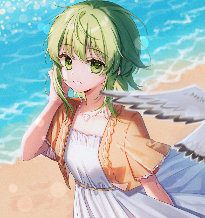 1girl beach bird blurry blurry_foreground commentary dress green_eyes green_hair grin gumi hand_in_hair hand_up highres jacket lens_flare looking_at_viewer ocean orange_jacket seagull seashell shell shell_necklace short_hair_with_long_locks short_sleeves sidelocks smile solo upper_body vocaloid white_dress zhi_(yammycheese)