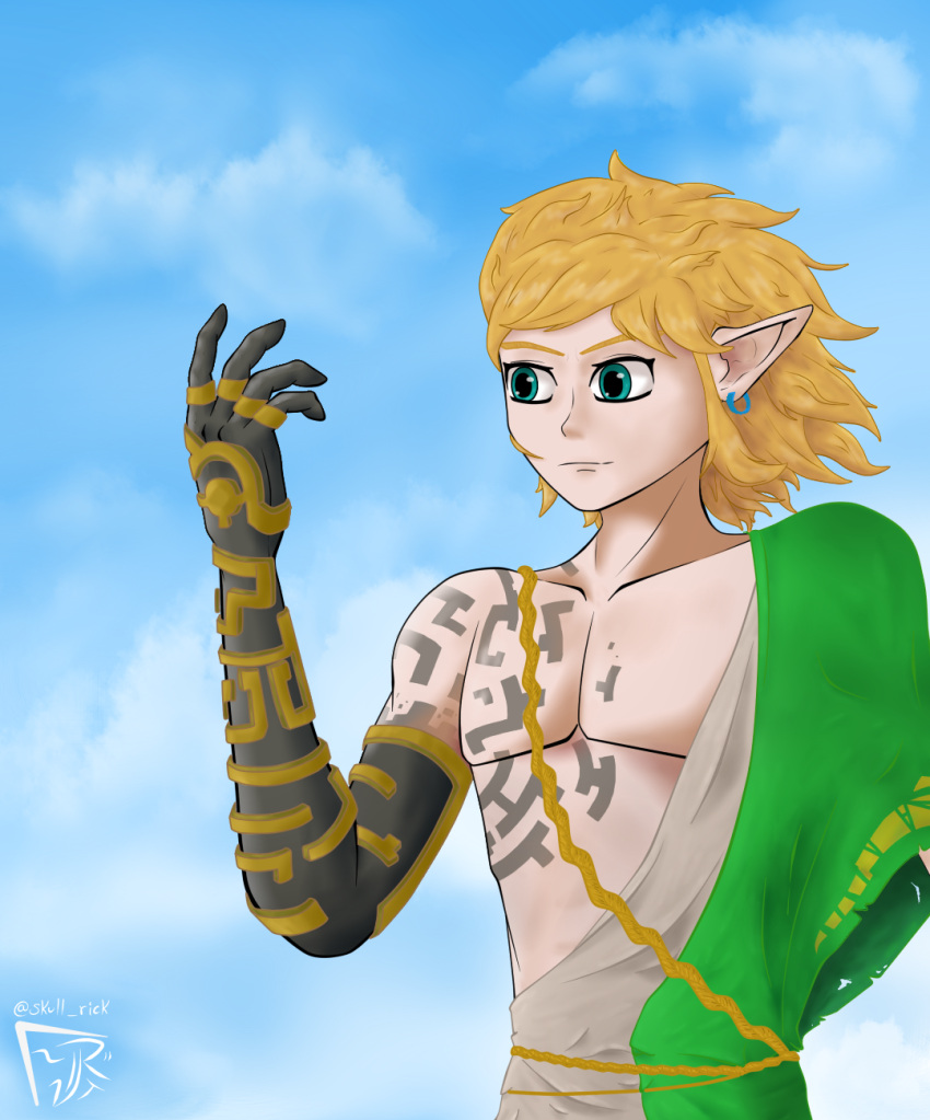 1boy artist_name bare_pectorals blonde_hair blue_eyes blue_sky clouds cloudy_sky earrings highres jewelry link long_hair messy_hair pectorals pointy_ears richart rope_belt self_upload single_bare_shoulder sky tattoo the_legend_of_zelda the_legend_of_zelda:_breath_of_the_wild the_legend_of_zelda:_breath_of_the_wild_2 torn_clothes