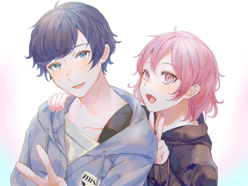 1boy 1girl blue_eyes blue_hair couple highres hood hoodie mebuki_(moon_angel_4) niconico nqrse open_mouth pink_eyes pink_hair smile soraru utaite_(singer)