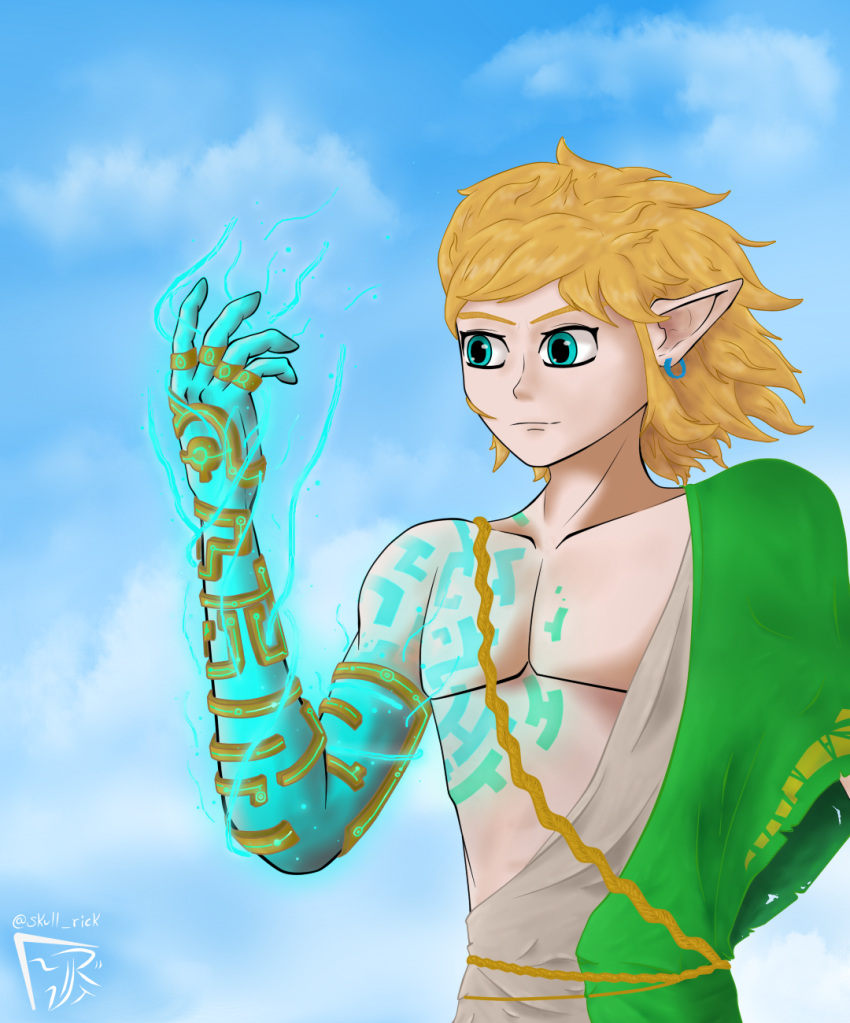 1boy artist_name bare_pectorals blonde_hair blue_eyes blue_sky clouds cloudy_sky earrings glowing glowing_eyes glowing_hand highres jewelry light_particles lightning link long_hair messy_hair pectorals pointy_ears richart rope_belt self_upload single_bare_shoulder sky tattoo the_legend_of_zelda the_legend_of_zelda:_breath_of_the_wild the_legend_of_zelda:_breath_of_the_wild_2 torn_clothes