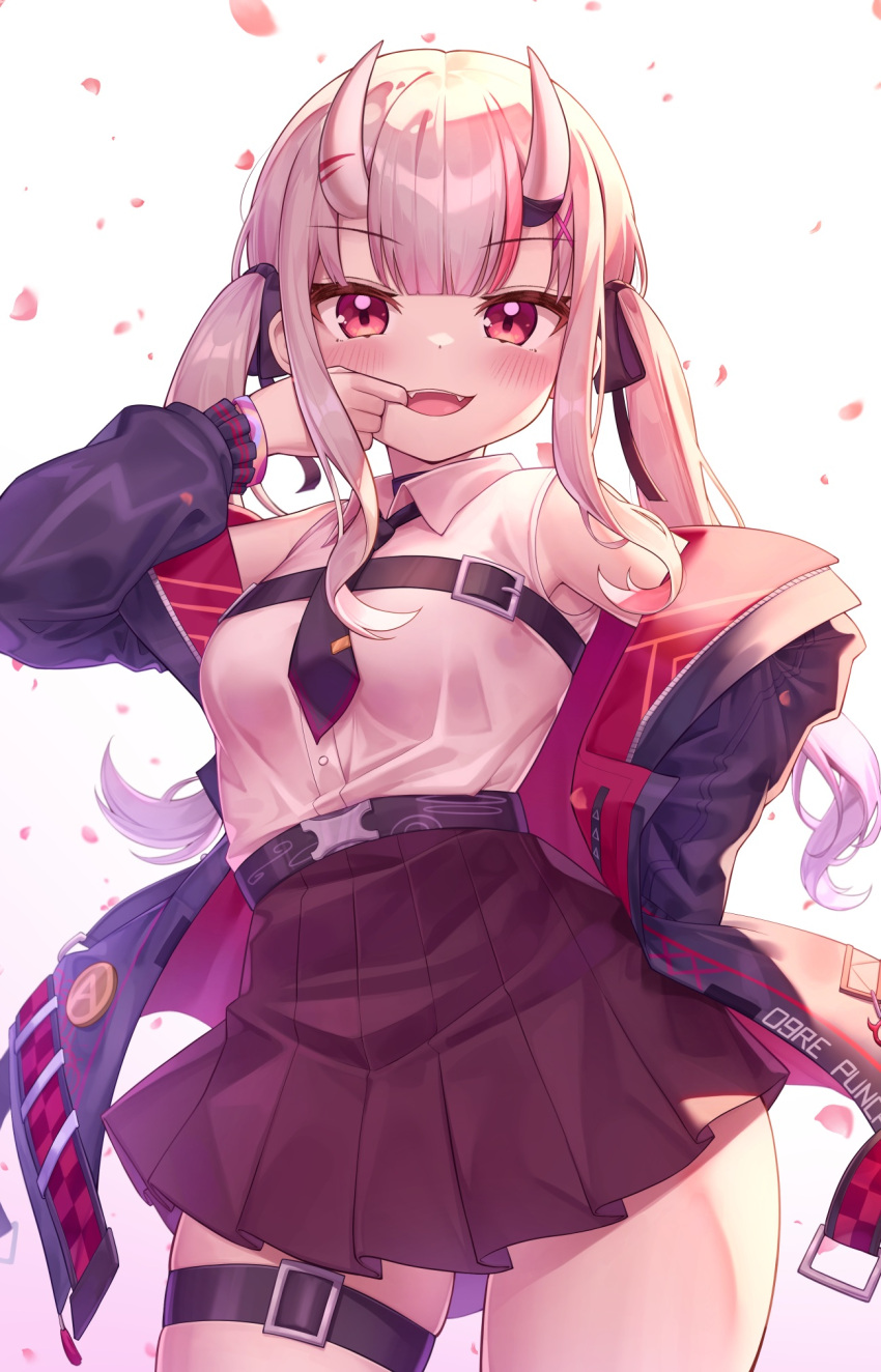 1girl belt blush deaver eyebrows_visible_through_hair fang fangs finger_in_mouth garter hololive horns nakiri_ayame necktie open_mouth petals skirt skirt_lift smile teeth thigh_strap thighs twintails white_background