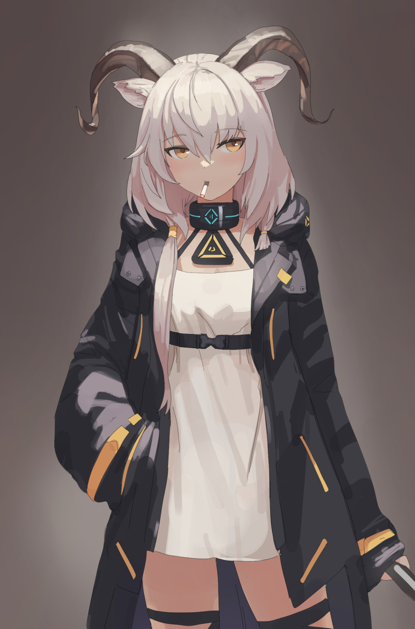 1girl animal_ears arknights beeswax_(arknights) black_coat black_collar cigarette coat collar commentary cowboy_shot dark-skinned_female dark_skin dolri dress goat_ears goat_girl goat_horns hair_between_eyes hand_in_pocket highres holding horns infection_monitor_(arknights) mouth_hold open_clothes open_coat short_hair smoking solo white_dress white_hair yellow_eyes