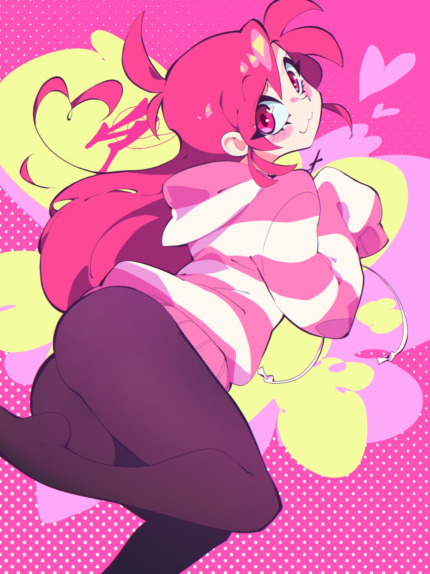 1girl absurdres aetherion ass black_legwear blush borrowed_character drawstring feet_out_of_frame from_side halftone heart highres hood hood_down long_hair looking_at_viewer original pink_background pink_eyes pink_hair smile solo striped striped_sweater sweater