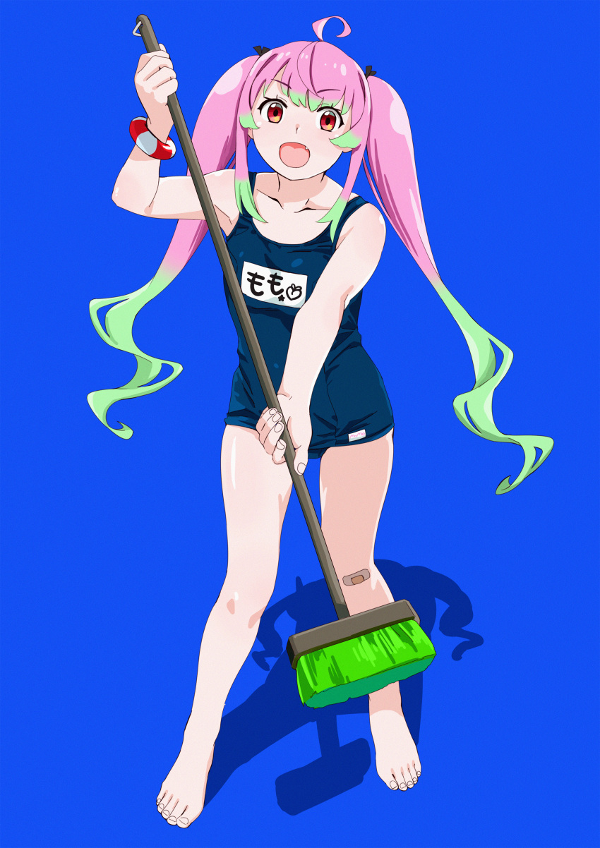 1girl :d absurdres ahoge alternate_costume bandaid bandaid_on_knee bare_arms bare_shoulders barefoot blue_background blue_swimsuit broom collarbone eyebrows_visible_through_hair fang full_body highres huge_filesize kantai_collection long_hair looking_at_viewer momo_(kancolle) multicolored_hair name_tag ojipon one-piece_swimsuit open_mouth pink_hair red_eyes school_swimsuit smile solo standing swimsuit twintails