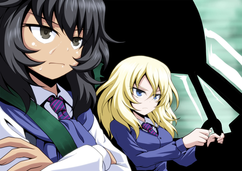 2girls andou_(girls_und_panzer) bangs bc_freedom_school_uniform black_dress black_hair blue_cardigan blue_neckwear brown_eyes car_interior cardigan closed_mouth commentary crossed_arms crossover dark_skin diagonal-striped_neckwear diagonal_stripes dress dress_shirt driving frown girls_und_panzer highres kamishima_kanon long_sleeves medium_hair messy_hair multiple_girls necktie oshida_(girls_und_panzer) pinafore_dress red_neckwear saint_seiya scene_reference school_uniform shirt striped striped_neckwear sweat sweater_around_neck white_shirt wing_collar