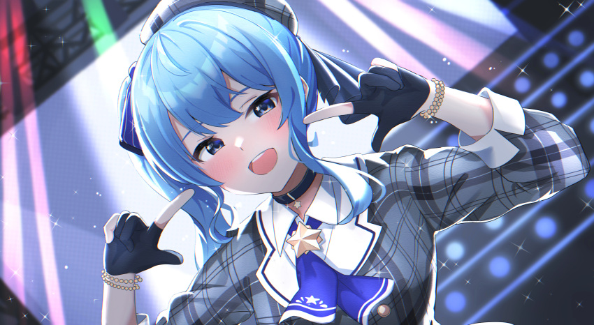 1girl :d absurdres backy1005 bangs beret black_gloves blue_eyes blue_hair blue_neckwear blue_ribbon blush bracelet choker collared_shirt dutch_angle gloves grey_headwear hair_ribbon hat highres hololive hoshimachi_suisei huge_filesize jewelry looking_at_viewer neckerchief open_mouth partially_fingerless_gloves plaid_headwear plaid_jacket pointing pointing_at_self ribbon shirt side_ponytail sidelocks sleeve_cuffs smile solo sparkle stage_lights star star_(symbol) star_choker star_in_eye symbol_in_eye upper_body virtual_youtuber