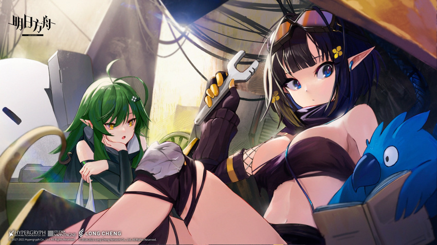 1boy 2girls animal antenna_hair arknights bag beak bird black_gloves black_hair black_shirt black_shorts black_sleeves blue_eyes bluebird book breasts copyright_name crop_top d-pad d-pad_hair_ornament detached_sleeves earphones earphones eunectes_(arknights) fishnet_sleeves flower gavial_(arknights) gloves goggles goggles_on_head green_hair green_sleeves hair_flower hair_ornament hairclip high_priest_(arknights) highres holding holding_bag holding_book holding_wrench knee_pads large_breasts long_hair looking_at_another midriff multiple_girls navel official_art open_mouth pointy_ears ranyu shirt short_hair shorts snake_tail tail watermark wrench yellow_eyes
