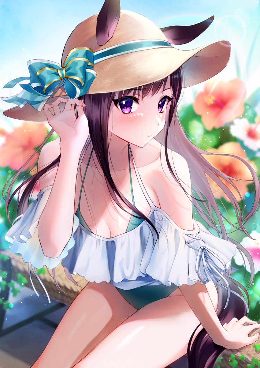 1girl animal_ears aqua_ribbon aqua_swimsuit bangs bare_shoulders blurry blurry_background blush breasts brown_hair brown_headwear closed_mouth collarbone commentary_request depth_of_field ears_through_headwear eyebrows_visible_through_hair hair_ribbon halter_top halterneck hand_up hat highres horse_ears horse_girl horse_tail light_particles long_hair looking_at_viewer mejiro_dober_(umamusume) mikazuki_mika one-piece_swimsuit ribbon sitting solo sun_hat swimsuit tail umamusume violet_eyes