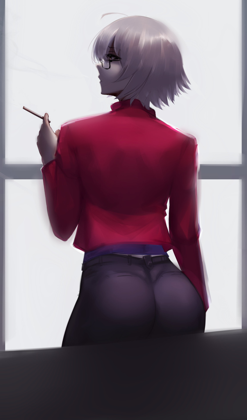 1girl absurdres ahoge alternate_costume ass black-framed_eyewear black_pants cigarette eyebrows fate/grand_order fate_(series) glasses highres jeanne_d'arc_(alter)_(fate) jeanne_d'arc_(fate)_(all) pants railing red_shirt shirt silver_hair sitting smoke smoke_trail solo tsurime window zaki_(zaki_btw)