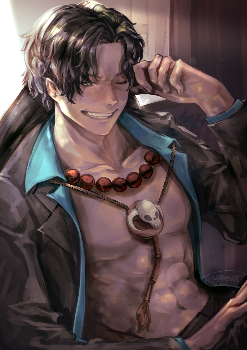 1boy abs absurdres bead_necklace beads black_hair collarbone collared_shirt freckles grin half-closed_eye hand_up highres huge_filesize jacket jewelry long_sleeves male_focus navel necklace one_eye_closed one_piece open_clothes open_jacket open_shirt pectorals portgas_d._ace puddeins shirt short_hair smile solo stomach toned toned_male upper_body wavy_hair