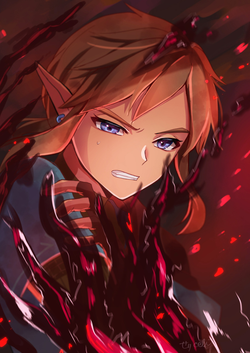 1boy bangs blonde_hair blue_eyes brown_gloves clenched_teeth commentary_request earrings fang fingerless_gloves gloves highres jewelry link long_hair looking_at_viewer male_focus parted_bangs pointy_ears red_background seri_(yuukasakura) slime_(substance) solo teeth the_legend_of_zelda the_legend_of_zelda:_breath_of_the_wild upper_body