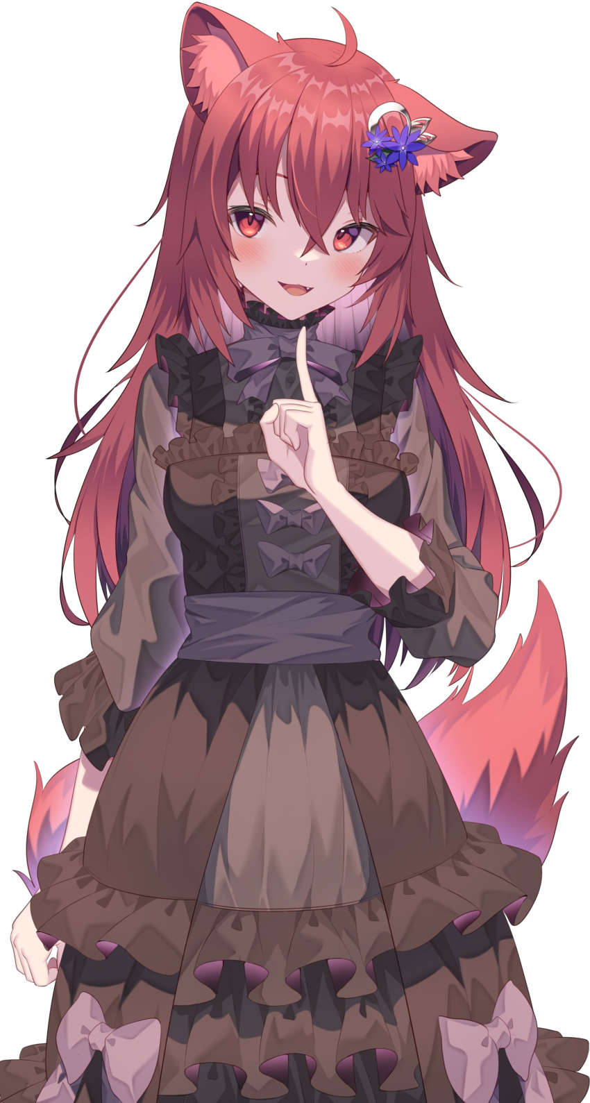 1girl animal_ears animal_tail dress eyebrows_behind_hair fang hair_ornament jun_(aousa0328) long_hair open_mouth pointing_up solo tail