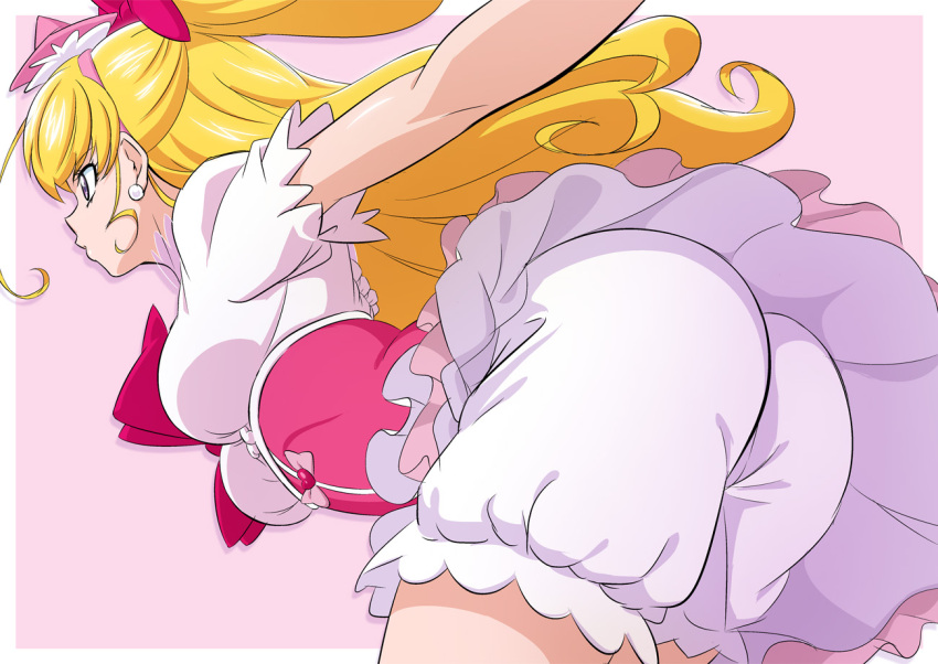 1girl asahina_mirai bangs blonde_hair bloomers breasts cure_miracle earrings frilled_skirt frills from_behind fuchi_(nightmare) hat jewelry long_hair magical_girl medium_breasts mini_hat mini_witch_hat pink_headwear pink_skirt precure puffy_short_sleeves puffy_sleeves shirt short_sleeves skirt solo underwear violet_eyes white_bloomers white_shirt witch_hat