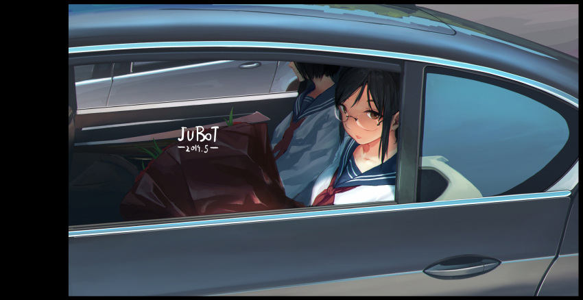2girls artist_name bangs black_border black_hair blouse blue_hair border bottle7 bouquet car car_interior closed_mouth collarbone commentary_request dated flower from_side glasses ground_vehicle highres lips looking_at_viewer motor_vehicle multiple_girls neckerchief original parted_lips red_neckwear school_uniform serafuku shade short_hair white_blouse