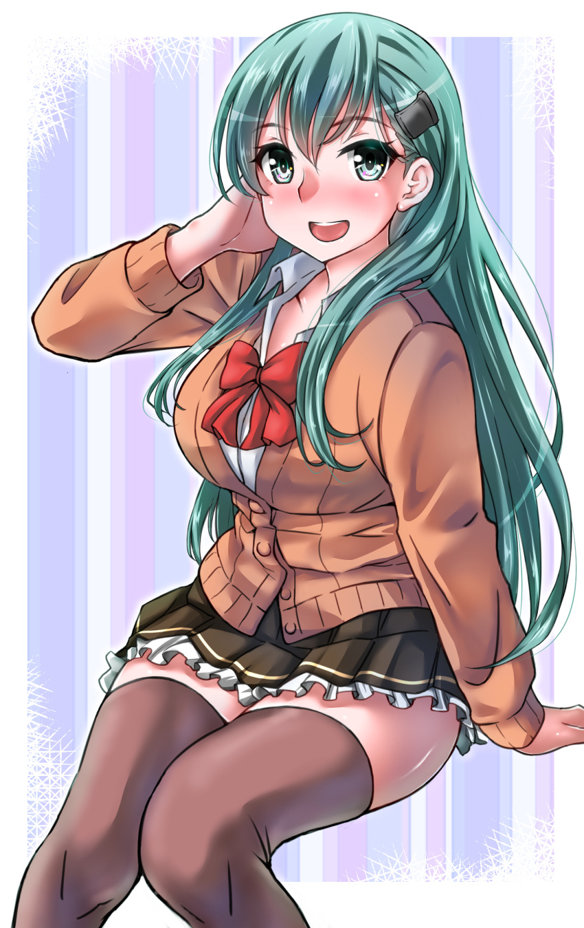 1girl aqua_eyes aqua_hair ascot blush brown_legwear brown_skirt cardigan collarbone eyebrows_visible_through_hair green_hair hair_between_eyes hair_ornament hairclip hand_on_own_face highres kantai_collection kentap long_hair long_sleeves looking_at_viewer open_mouth over-kneehighs pleated_skirt purple_background red_neckwear remodel_(kantai_collection) school_uniform sitting skirt smile solo striped striped_background suzuya_(kancolle) thigh-highs white_background