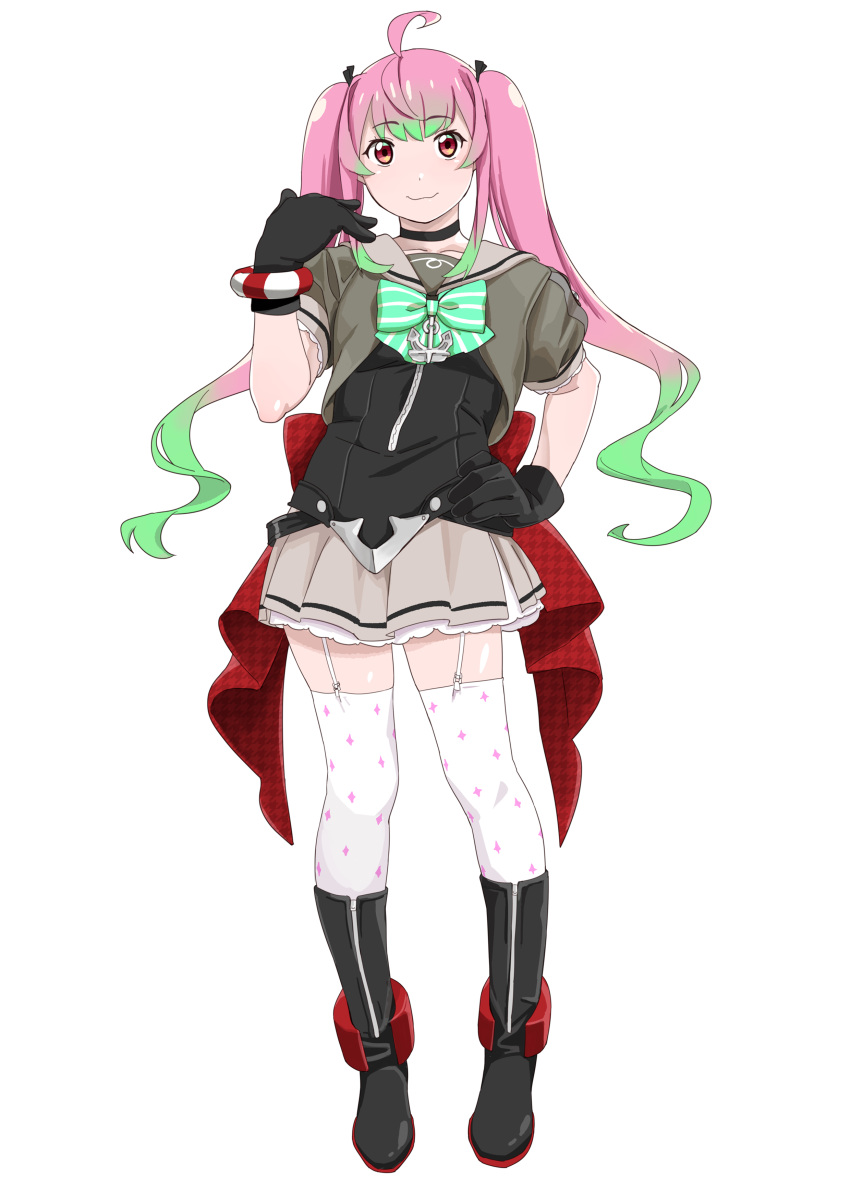1girl absurdres ahoge anchor black_footwear black_gloves boots bow eyebrows_visible_through_hair full_body gloves gradient_hair green_bow green_hair grey_sailor_collar grey_skirt highres kantai_collection long_hair looking_at_viewer momo_(kancolle) multicolored_hair ojipon pink_hair pleated_skirt red_eyes sailor_collar school_uniform serafuku short_sleeves simple_background skirt smile solo sparkle_print standing thigh-highs twintails white_background white_legwear