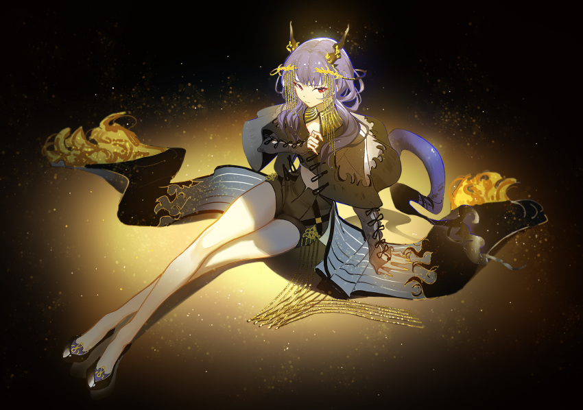 1girl ambience_synesthesia arknights bare_legs black_background black_cape black_capelet black_horns black_shorts blue_hair cape capelet ch'en_(arknights) circlet closed_mouth dragon_girl dragon_horns dragon_tail eyebrows_visible_through_hair full_body gaanc_23_(tomosuge) highres horns legs light_particles long_hair looking_at_viewer midriff nail_polish red_eyes shorts sitting solo tail waist_cape yellow_background yellow_nails