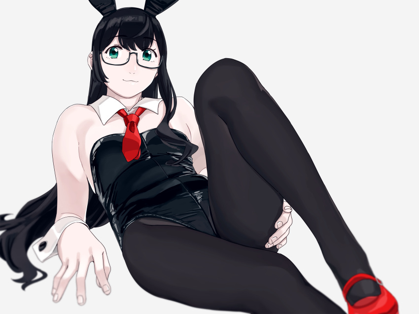 1girl absurdres alternate_costume animal_ears black_hair black_legwear black_leotard breasts bunny_tail detached_collar fake_animal_ears glasses green_eyes grey_background highres kantai_collection leotard long_hair looking_at_viewer necktie ojipon ooyodo_(kancolle) pantyhose playboy_bunny rabbit_ears red_neckwear semi-rimless_eyewear simple_background sitting small_breasts solo strapless strapless_leotard tail under-rim_eyewear wrist_cuffs
