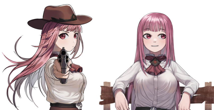 1girl aiming aiming_at_viewer alternate_costume ascot bangs belt belt_buckle black_nails breasts buckle cowboy_hat dress_shirt enoki_(lamuun) eyebrows_visible_through_hair hat highres hololive hololive_english long_hair long_sleeves looking_at_viewer looking_to_the_side mori_calliope pink_hair red_eyes revolver shirt simple_background sitting virtual_youtuber white_background white_shirt