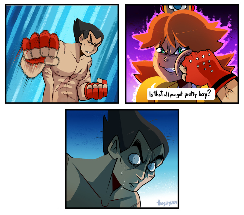 1boy 1girl black_hair brown_hair comedy earrings fingerless_gloves flower_earrings gloves highres jewelry long_hair mishima_kazuya muscular pants princess_daisy punching red_eyes scar shirtless short_hair simple_background smile super_mario_bros. super_mario_land super_smash_bros. tekken thegreyzen thick_eyebrows