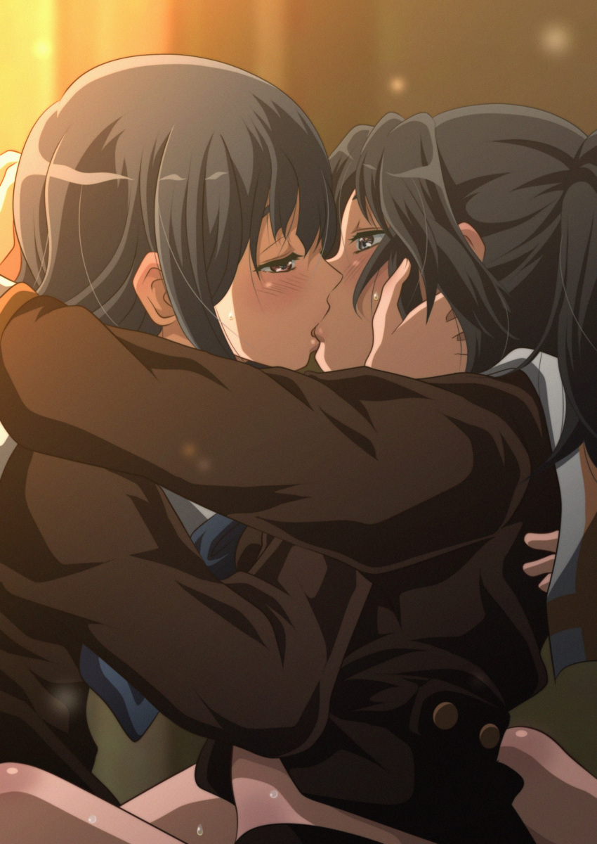 2girls black_hair eyebrows_behind_hair hand_on_head hibike!_euphonium kasaki_nozomi kiss kissing kurumiyasan_ns liz_to_aoi_tori seifuku skirt sweat yoroizuka_mizore yuri