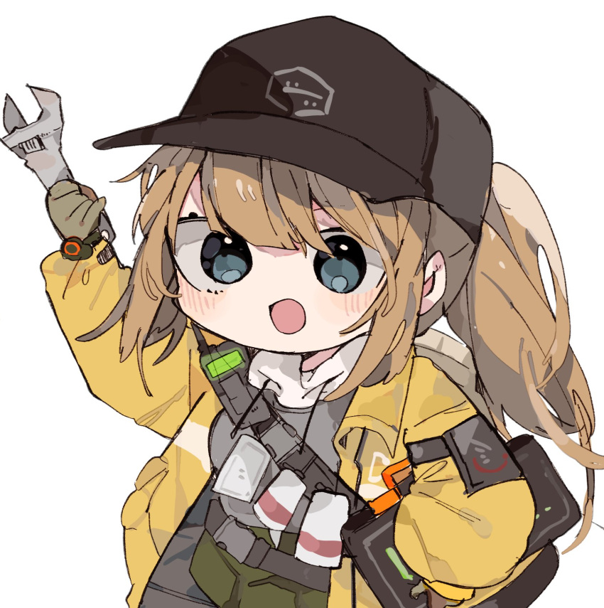 1girl bans baseball_cap belt belt_buckle buckle byako_(srktn) commission deele_(girls_frontline) dima_(girls_frontline) genderswap genderswap_(mtf) girls_frontline gloves green_eyes hat highres jacket long_hair open_mouth ponytail rogue_division_agent solo tactical_clothes tom_clancy's_the_division watch wrench yellow_jacket