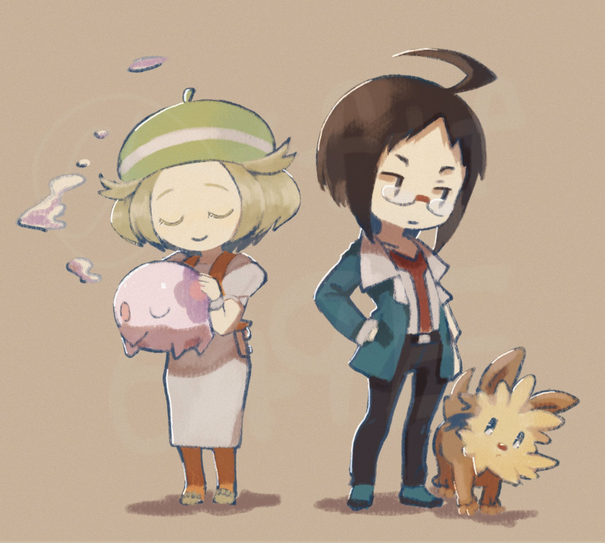 1boy 1girl ahoge bangs belt belt_buckle beret bianca_(pokemon) black_pants blonde_hair brown_background brown_hair buckle cheren_(pokemon) closed_eyes closed_mouth dress flats gen_5_pokemon glasses green_headwear hat highres holding holding_pokemon jacket lillipup munna open_clothes open_jacket orange_legwear orange_vest pants pantyhose parted_bangs pokemon pokemon_(creature) pokemon_(game) pokemon_bw shirt shoes short_hair short_sleeves smile standing tftf649e vest white_dress white_shirt yellow_footwear