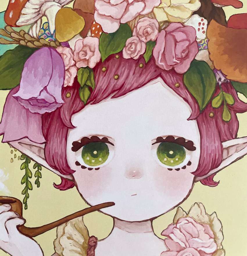 1girl blush flower green_eyes hair_flower hair_ornament highres leaf looking_at_viewer mush_machou mushroom original pink_flower pipe plant pointy_ears portrait purple_flower purple_hair short_hair smoke solo