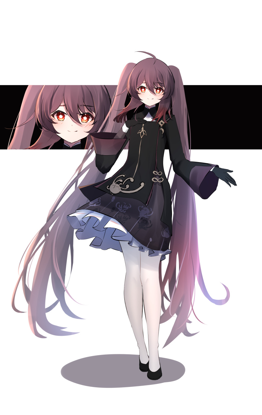 1girl absurdres ahoge alternate_costume black_footwear black_gloves brown_dress brown_hair cut-in dress flower-shaped_pupils genshin_impact gloves highres hu_tao_(genshin_impact) long_hair looking_at_viewer pantyhose qixia red_eyes shoes smile solo standing symbol-shaped_pupils twintails very_long_hair white_pantyhose wide_sleeves