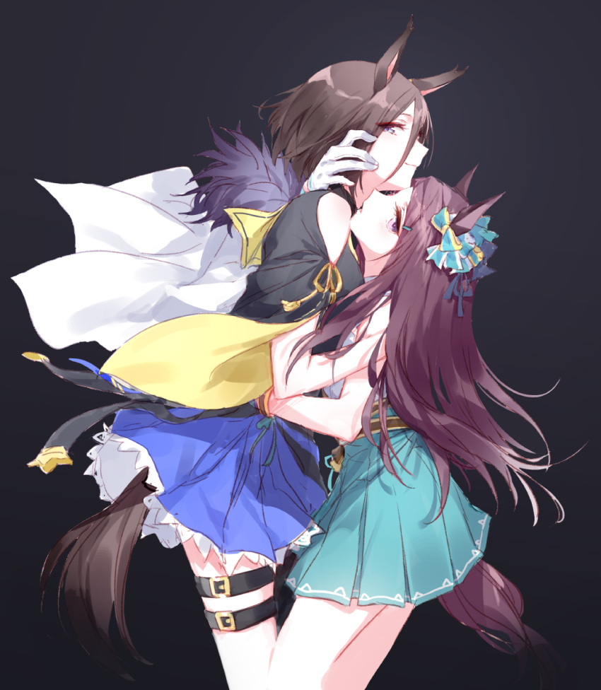 2girls air_groove_(umamusume) animal_ears aqua_skirt black_background blue_skirt commentary_request feather_boa hand_on_another's_neck highres horse_ears horse_girl horse_tail hug looking_at_viewer looking_to_the_side mejiro_dober_(umamusume) multiple_girls mutual_hug open_mouth pleated_skirt profile romi_(346_ura) skirt tail umamusume yuri