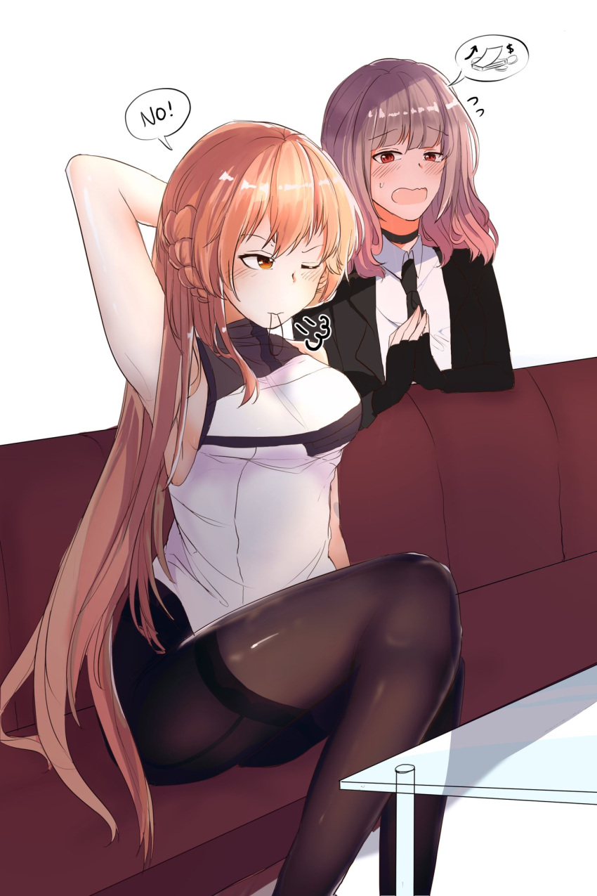 2girls begging brown_hair commentary_request couch english_text fingerless_gloves gentiane_(girls_frontline) girls_frontline glass_table gloves hair_ribbon harafrontline highres korean_commentary long_hair multiple_girls one_eye_closed ots-14_(girls_frontline) pink_hair ribbon speech_bubble table