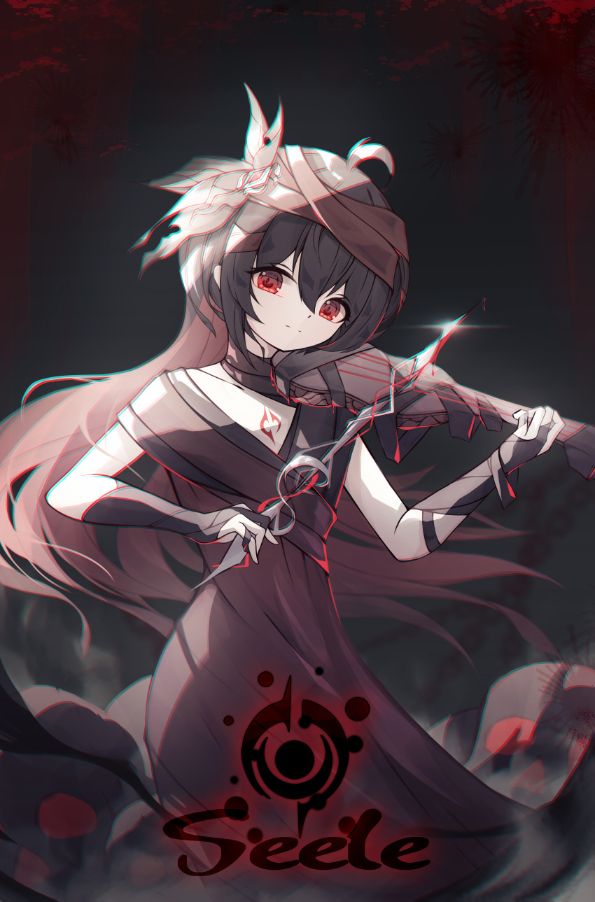 1girl absurdres antenna_hair bangs black_background blood closed_mouth darkworldsss dress gloves hair_between_eyes hair_ornament highres holding holding_instrument honkai_(series) honkai_impact_3rd instrument long_hair looking_at_viewer music playing_instrument red_dress red_eyes red_gloves redhead seele_(alter_ego) seele_vollerei smile solo tattoo violin