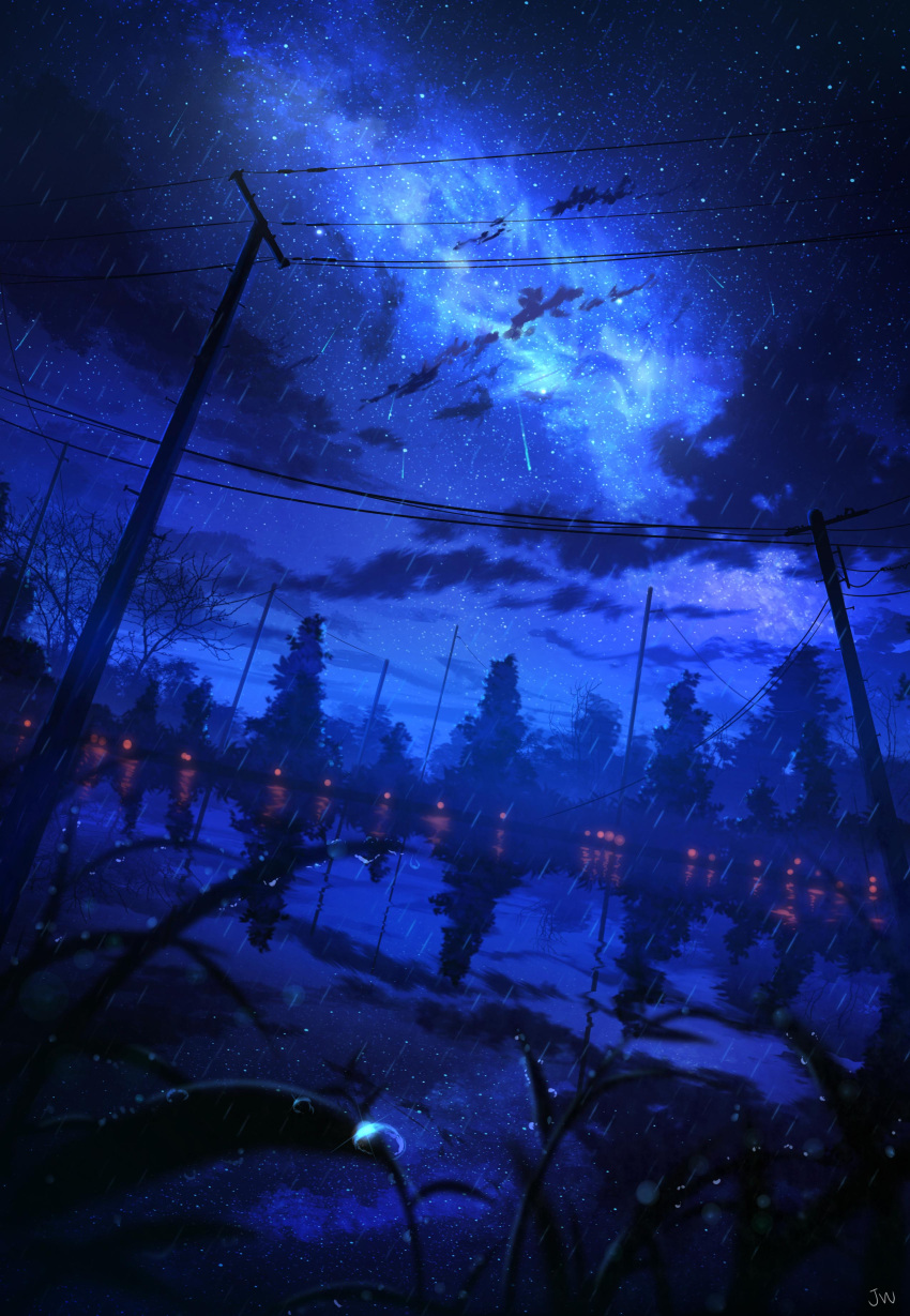 absurdres commentary_request highres milky_way night night_sky no_humans original outdoors power_lines rain scenery sky skyrick9413 star_(sky) tree utility_pole water